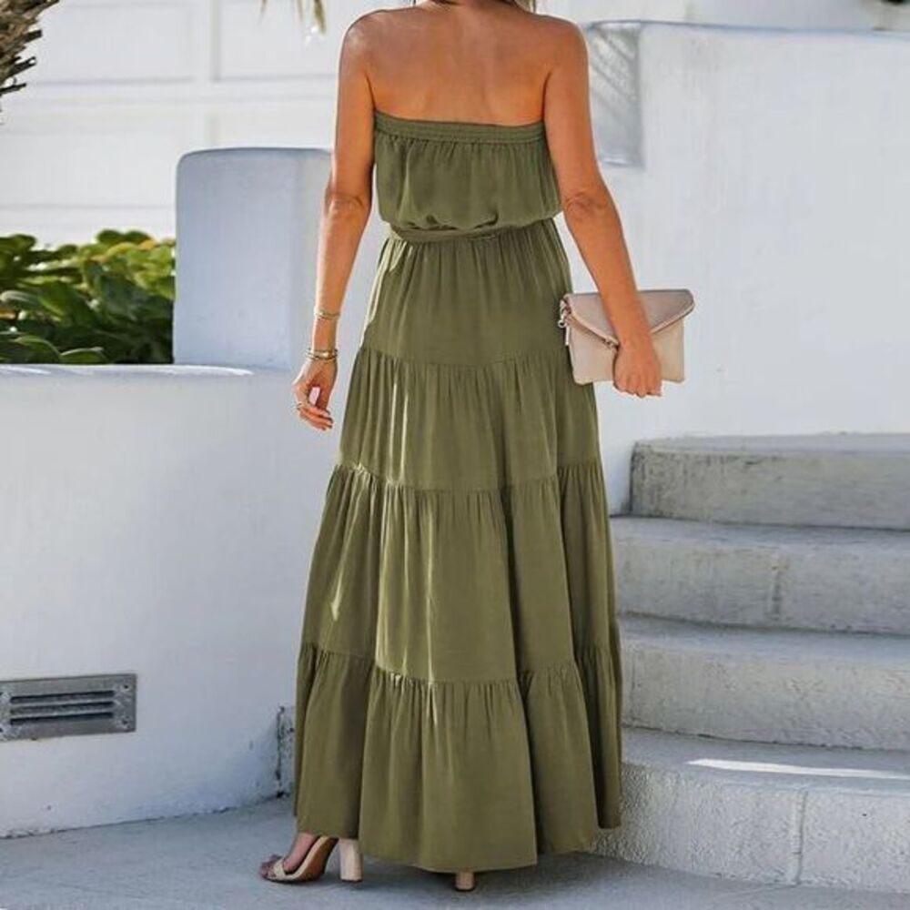 Cupshe Olive Green Strapless Tiered Maxi Dress Boho Summer Chic Size Small - Picture 4 of 15
